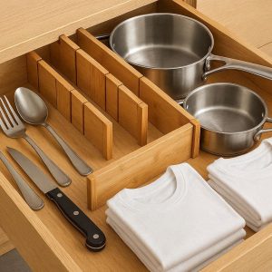 24 Deep Bamboo Drawer Dividers Expandable Wooden Separators for Kitchen Utensils Large Pots Pans Clothes Organization
