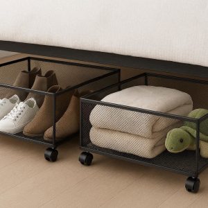 4 Metal Under Bed Storage Containers with Rolling Wheels Wire Mesh Storage Bins for Shoes Blankets Toys Multi Purpose Organizer
