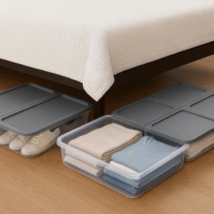 Slim Underbed Storage Bins with Dual Side Lids Shallow Plastic Containers for Low Profile Bed Frame Shoes Clothes Organizing